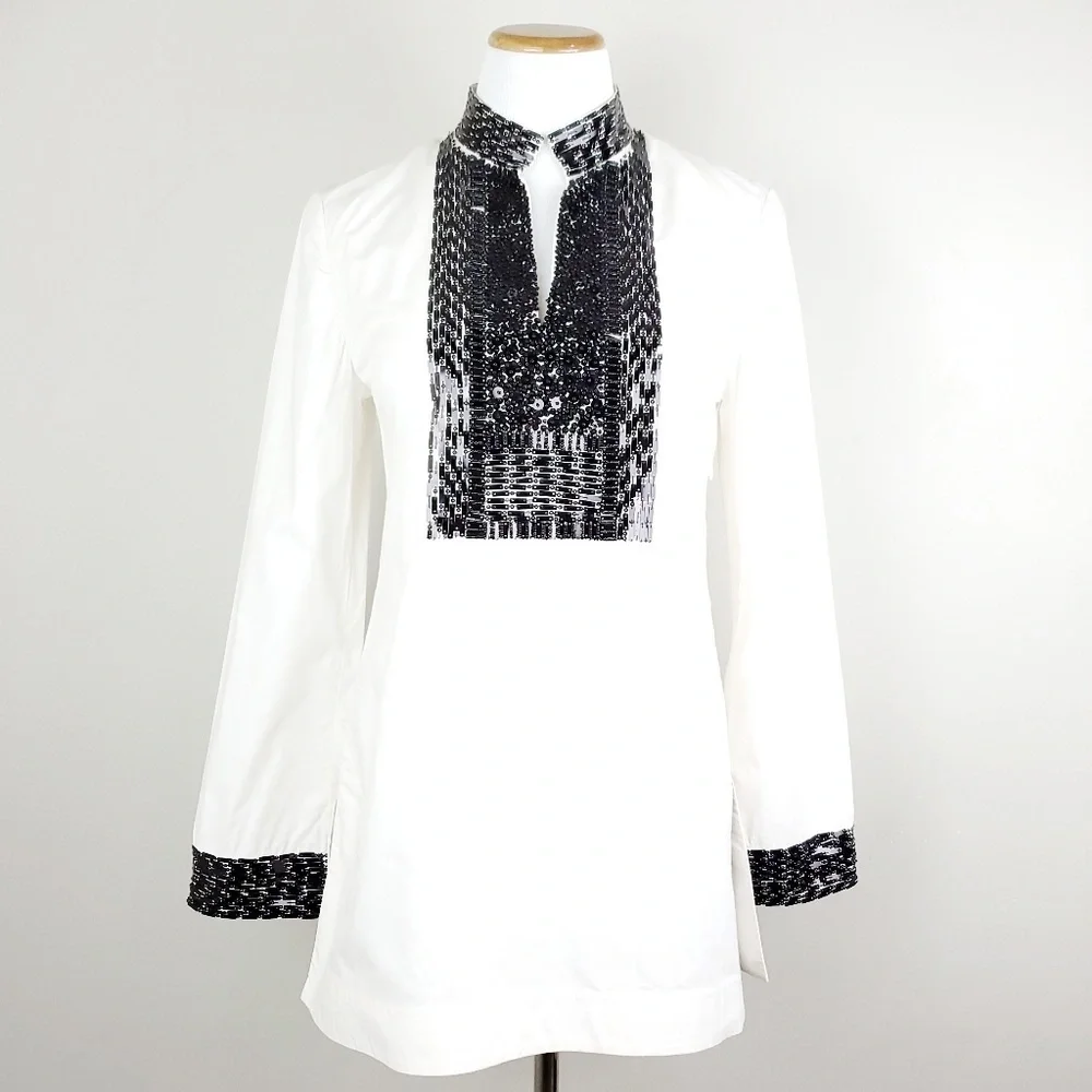 Tory Burch Womens Size 4 Ivory Embellished Long Sleeve Tunic